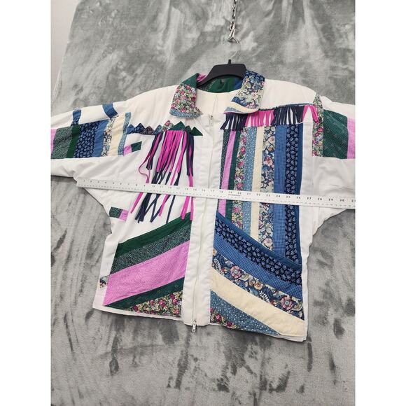 Vintage Quilted Patchwork Suede Fringe Full Zip Jacket Size L White Pink Floral - Picture 8 of 9